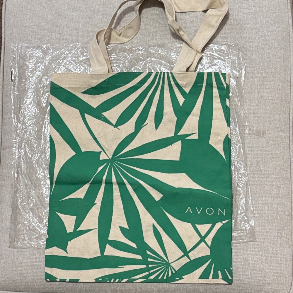 New Avon Cloth Tote-Cream & Green Tropical Leaf Print-Open Top-Double Strap